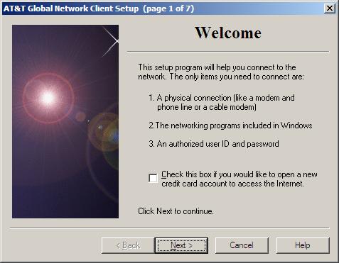 AT&T global dialer setup screen 1 of 7
