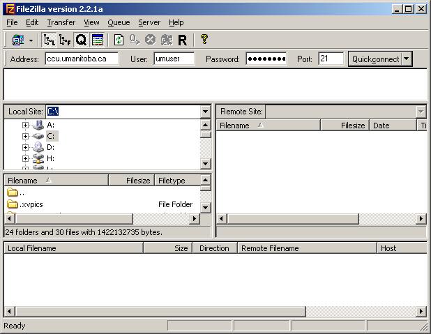 Filezilla main window using quickconnect