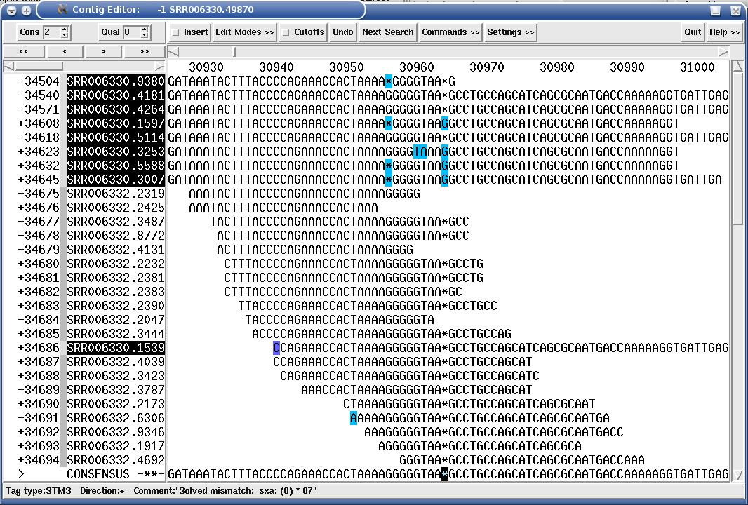 A "STMS" tag (Sequencing Technology Mismatch Solved, the black square base in the consensus) showing a potentially difficult decision in a hybrid 454 / Solexa de-novo assembly.