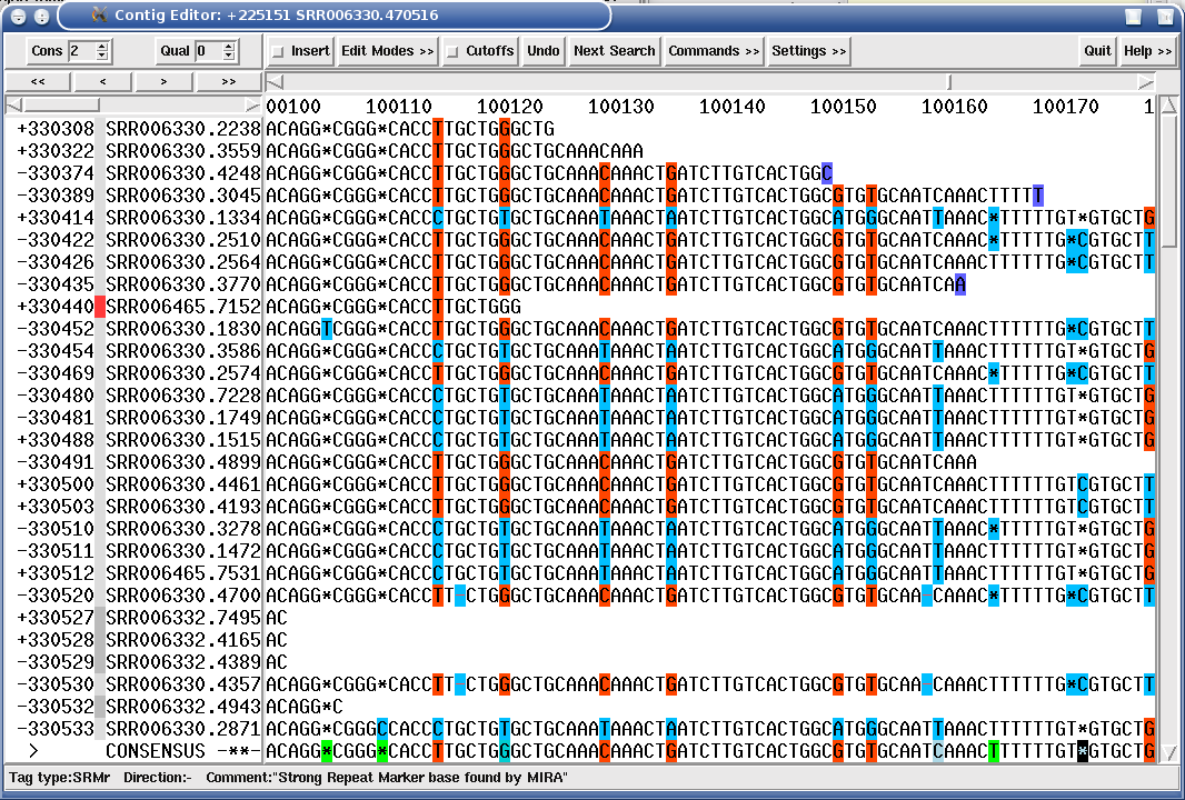 How MIRA learns from misassemblies (1). Multiple alignment after 1st pass with an obvious assembly error. Two slightly different repeats were assembled together, notice the columns discrepancies.