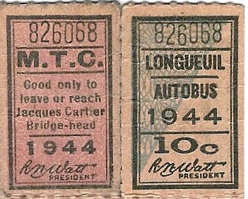 Montreal Tramways Longueuil-Montreal combo ticket 1944 (front)