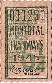 Montreal Tramways ticket 1945 (English)