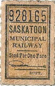 Saskatoon Municipal Ry ticket (front)