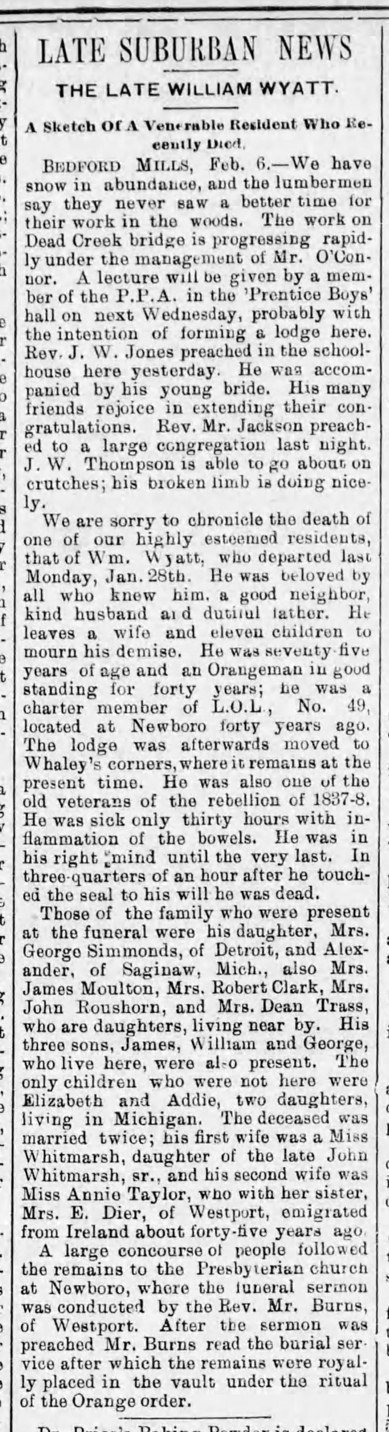 Obituray of William John Wyatt, [Kingston] Weekly British Whig, 07 February 1895