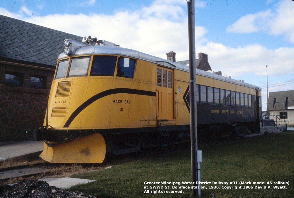 Greater Winnipeg Water District Railway 31 Mack AS railbus at St. Boniface (David A. Wyatt 1986)